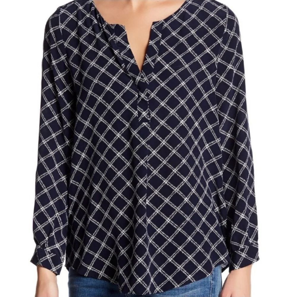 Joie Navy & White Grid Print 100% Silk Pop Over Semi Sheer Blouse Top Size Small